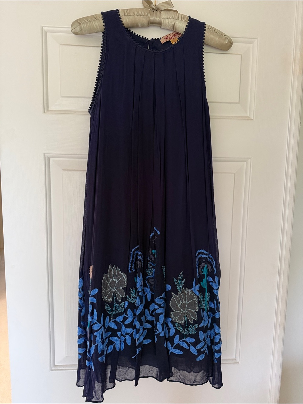 Sleeveless Navy Floral Boho Embroidered Midi Dress Size S
